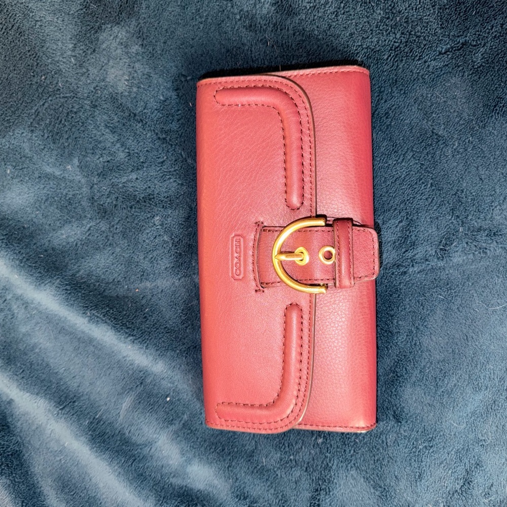Coach Cherry Red Leather Wallet with Gold Buckle